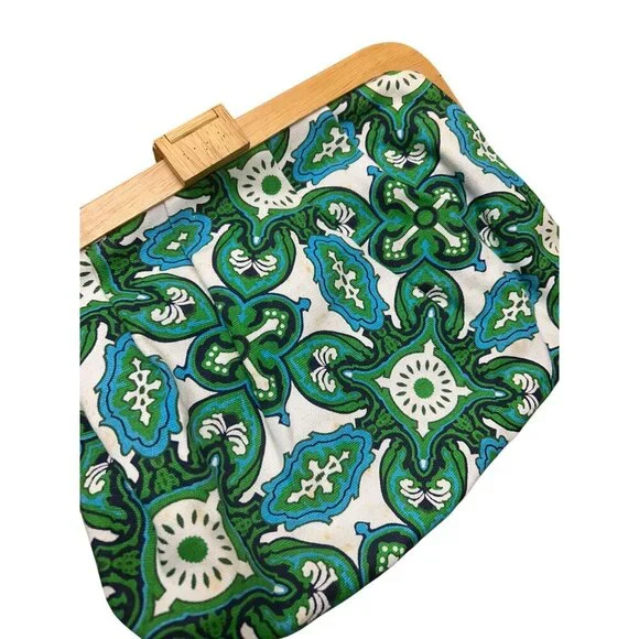 Vintage Old Navy Wooden Frame Clutch Bag With Green & Blue Floral Pattern - Picture 3 of 6